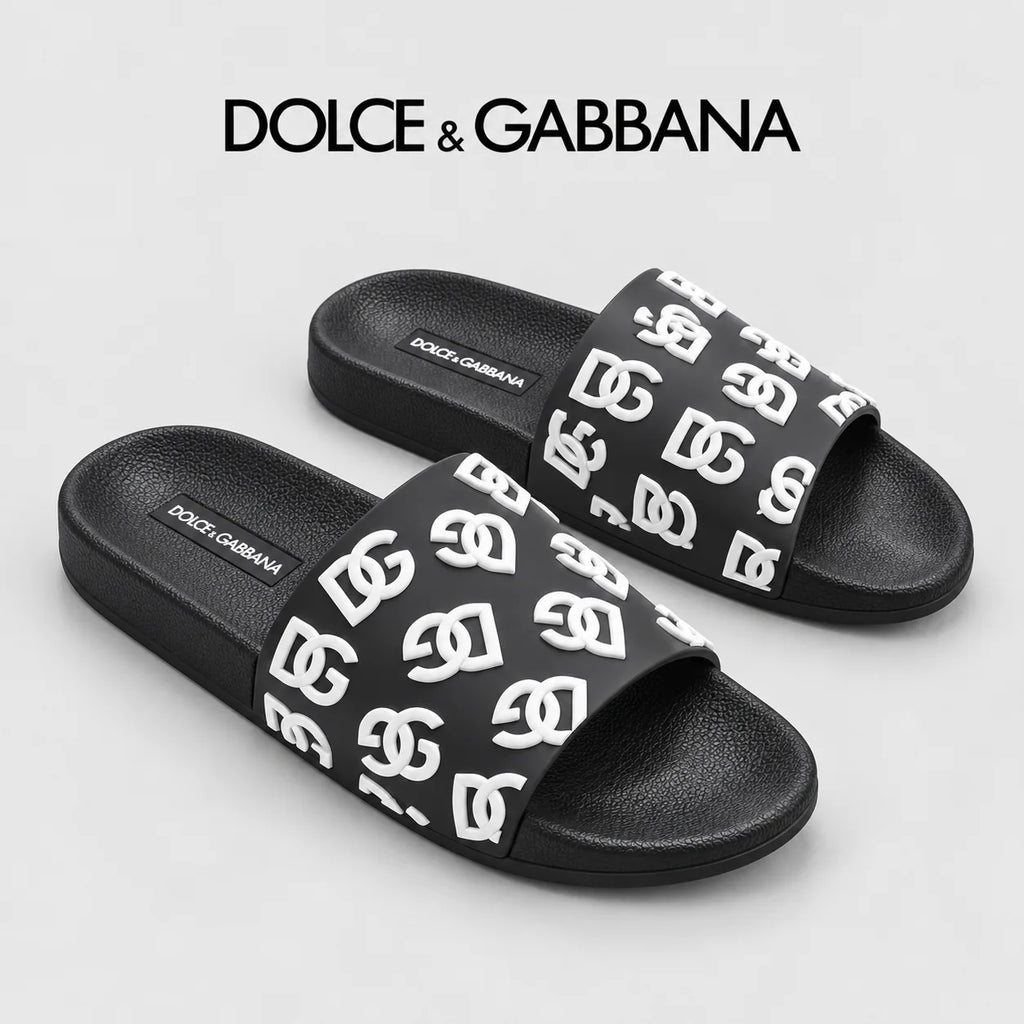 Dolce & Gabbana DG Men's Calfskin Puff Slides with Embossed Logo