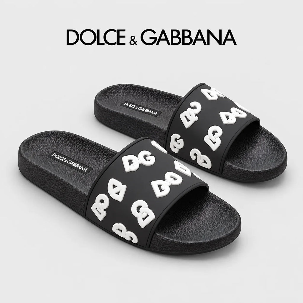 Dolce & Gabbana DG Men's Calfskin Puff Slides with Embossed Logo