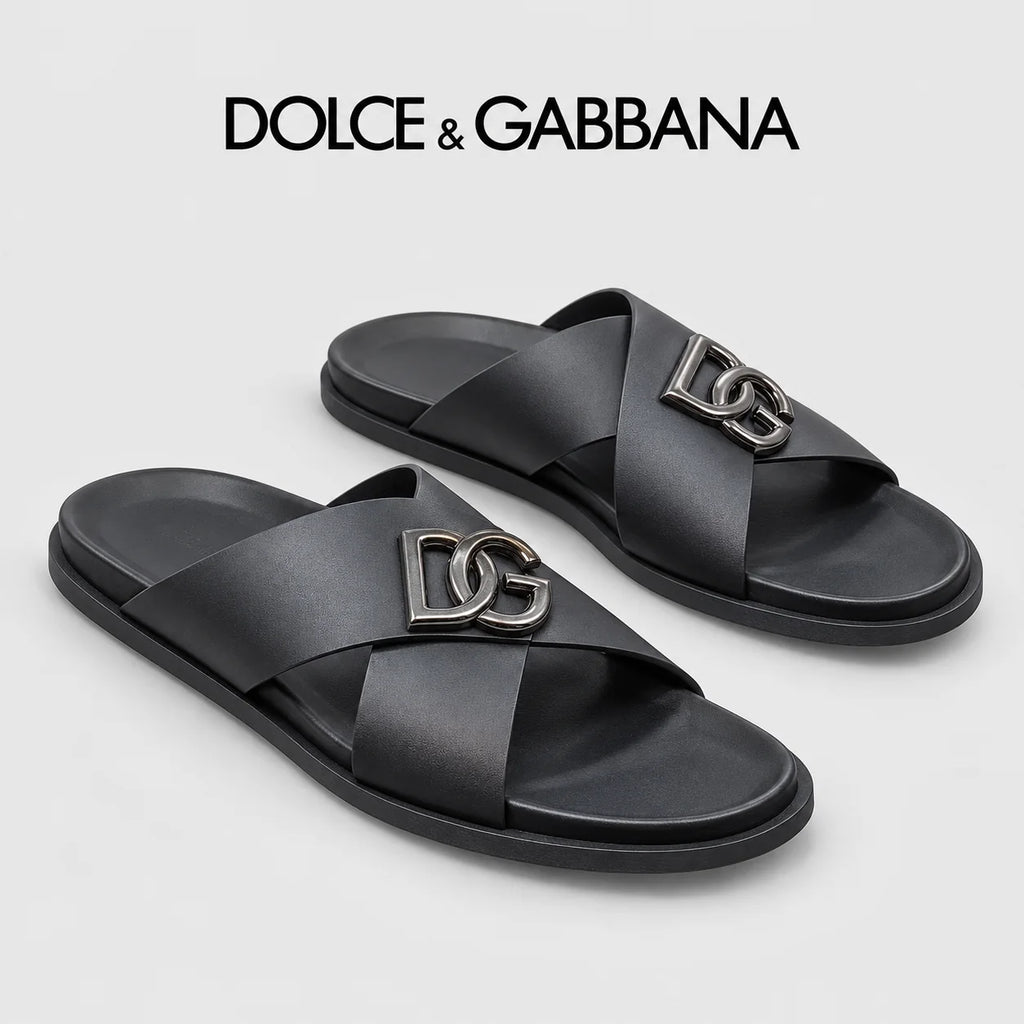Dolce & Gabbana DG Men's Leather Strap Sandals with Aluminum Buckle