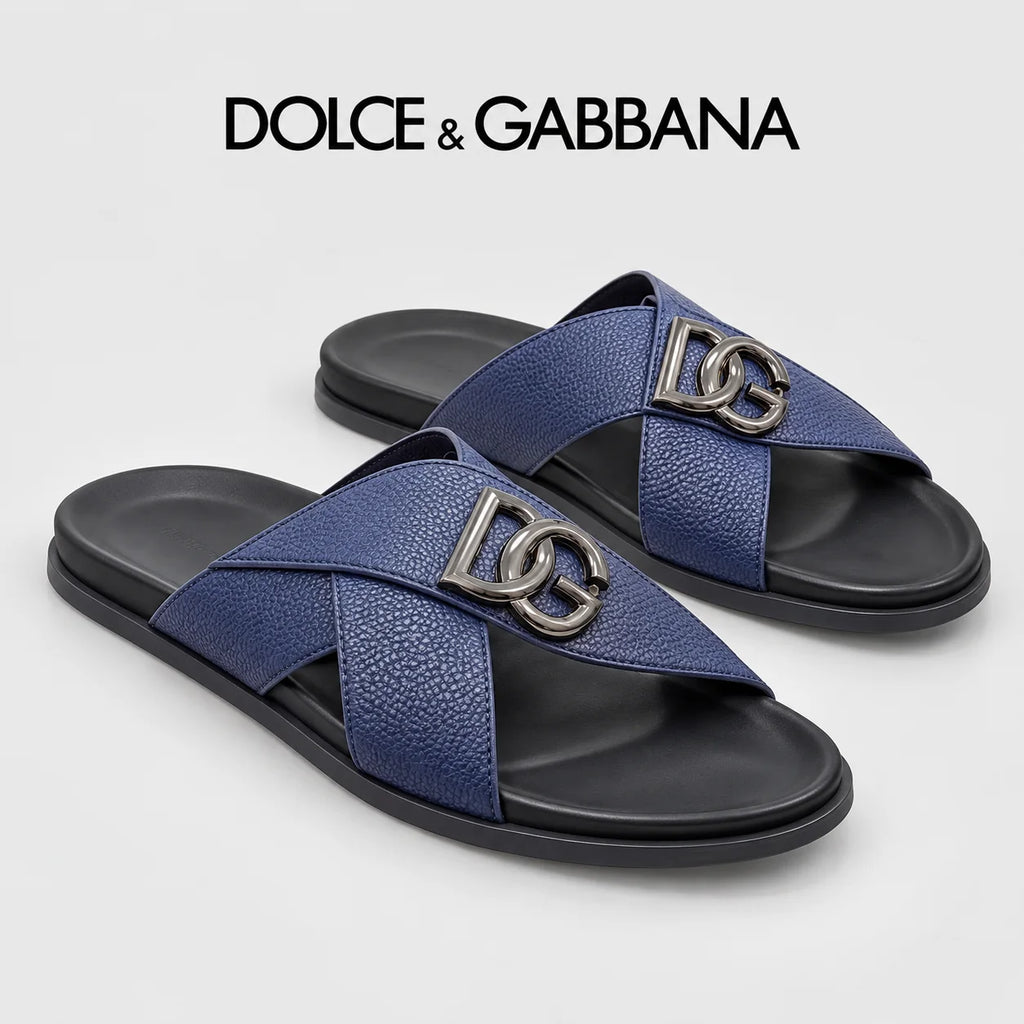 Dolce & Gabbana DG Men's Leather Strap Sandals with Aluminum Buckle