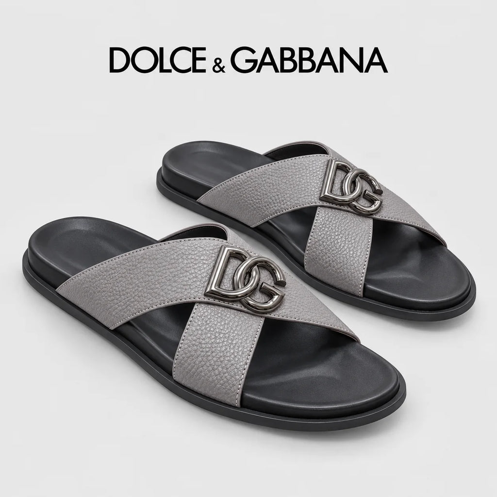 Dolce & Gabbana DG Men's Leather Strap Sandals with Aluminum Buckle