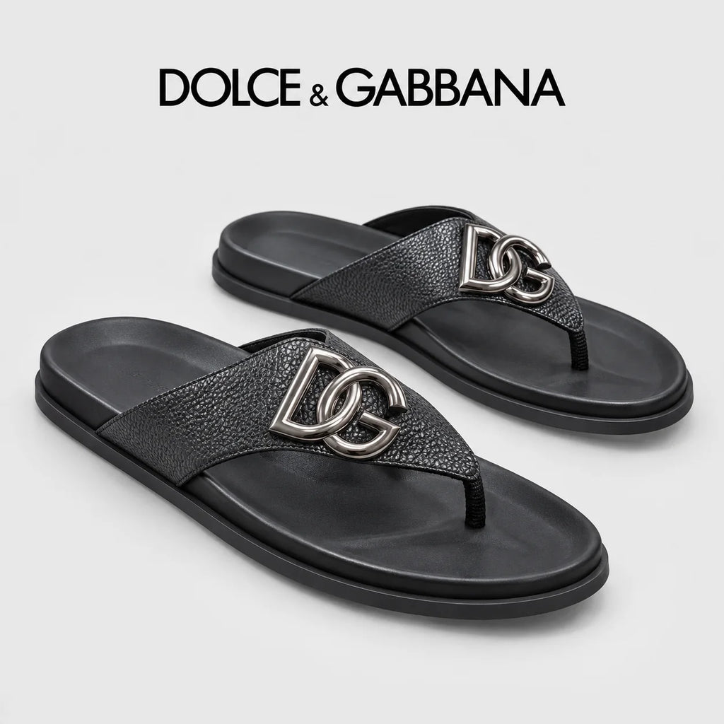Dolce & Gabbana DG Men's Leather Strap Sandals with Aluminum Buckle