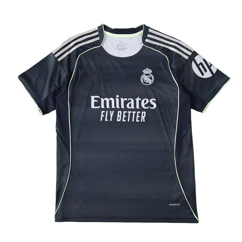 Real Madrid CF Away Fan Version 2025/26 – Dark Navy Adidas Horizontal Texture Jersey with Neon Trim | Emirates La Liga Football Shirt