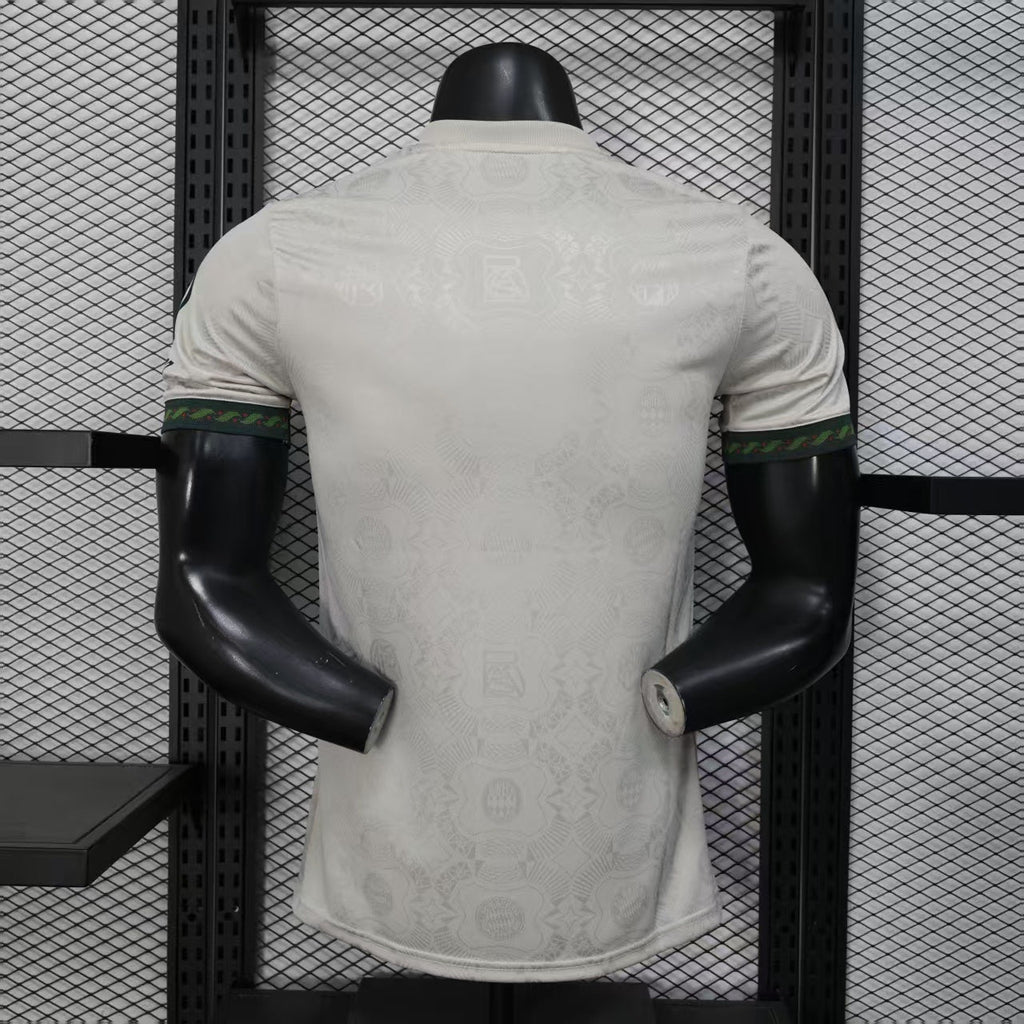 2025/26 Bayern Munich Beer Edition Player Version Jersey - Off-White Body - Dark Green Crew Neck Trim & Sleeve Cuffs - Bayern Munich Dark Green Special Crest - Deutsche Telekom T Dark Green Principal Sponsor