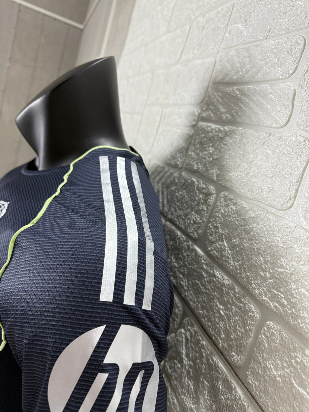 2025/26 Real Madrid Away Player Version Jersey - Dark Navy Blue Tonal Horizontal Stripe - Neon Yellow Green Piping - Emirates Fly Better