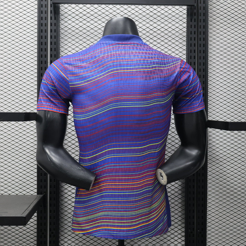 2025/26 FC Barcelona Pre-Match Player Version Jersey - Men's - Deep Purple-Blue Body Multicolour Wave Stripe - Dark Navy Crew Neck - Yellow Swoosh - FCB Crest - Spotify Yellow Sponsor