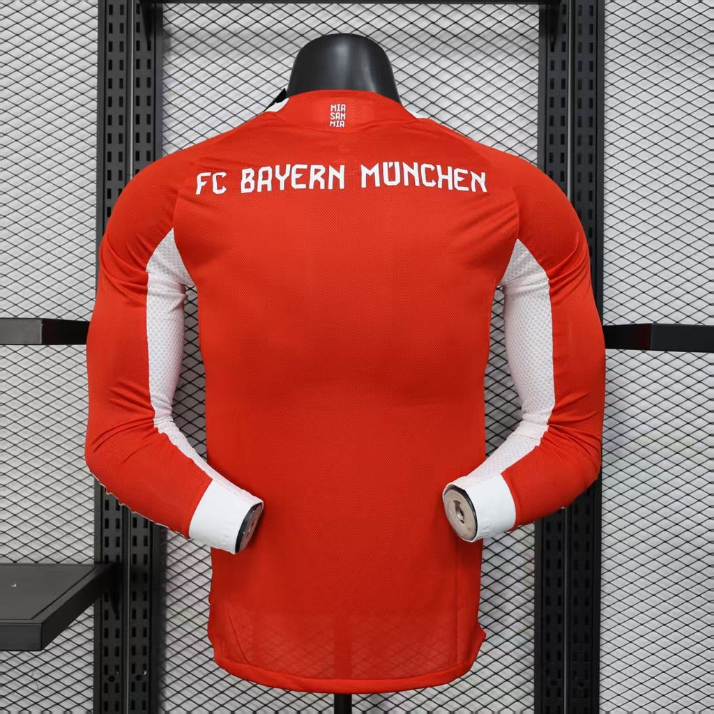 2025/26 Bayern Munich Home Long Sleeve Player Version Jersey - Red Body White Jagged Side Panels -  Long Sleeve - FC Bayern Crest - Deutsche Telekom T Logo White