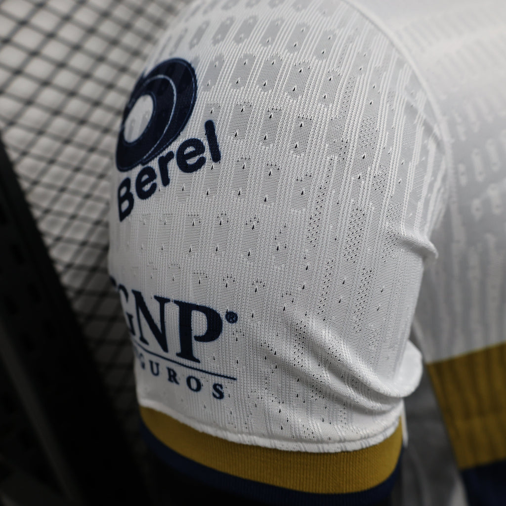 2025/26 Pumas UNAM Home Player Version Jersey -  White Navy Blue Gold Chest Panel - DHL - Mifel - Pumas Lion Crest