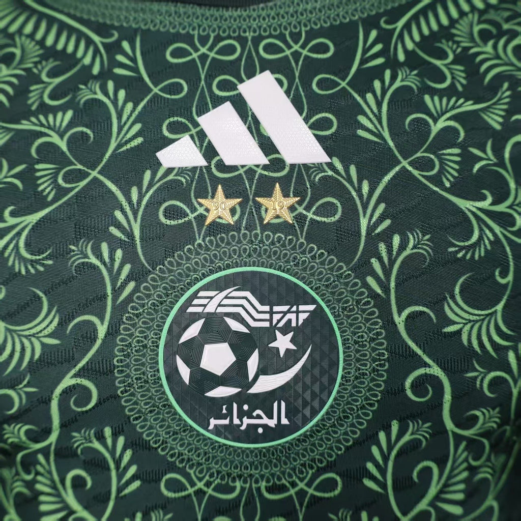 2025/26 Algeria Green Player Version Jersey - Dark Green Body All-Over Arabic-Inspired Floral Vine Embossed Texture - Adidas - Neon Green Side Seam Piping & Crew Neck Trim - Two Gold Stars - Algeria National Team Crest