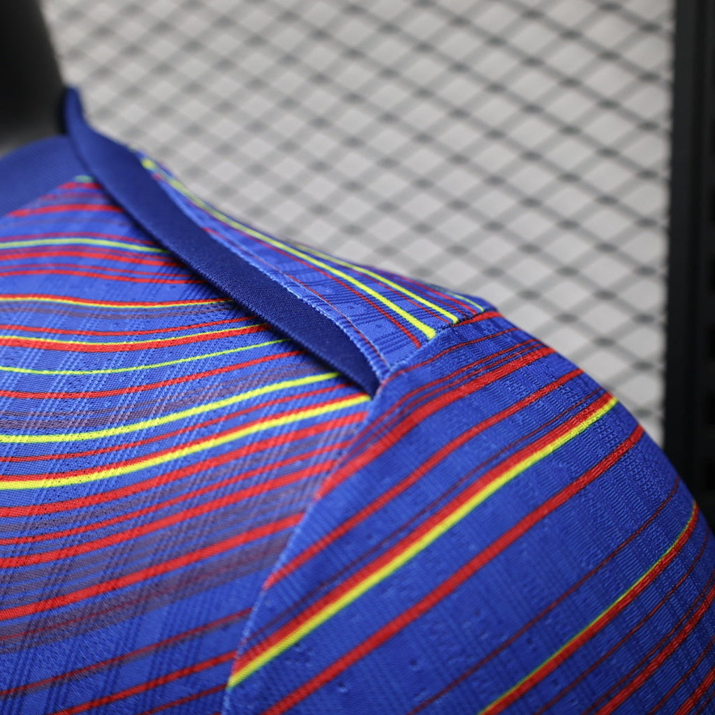 2025/26 FC Barcelona Pre-Match Player Version Jersey - Men's - Deep Purple-Blue Body Multicolour Wave Stripe - Dark Navy Crew Neck - Yellow Swoosh - FCB Crest - Spotify Yellow Sponsor