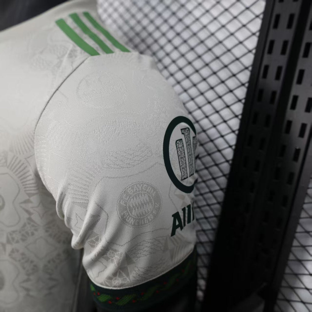2025/26 Bayern Munich Beer Edition Player Version Jersey - Off-White Body - Dark Green Crew Neck Trim & Sleeve Cuffs - Bayern Munich Dark Green Special Crest - Deutsche Telekom T Dark Green Principal Sponsor