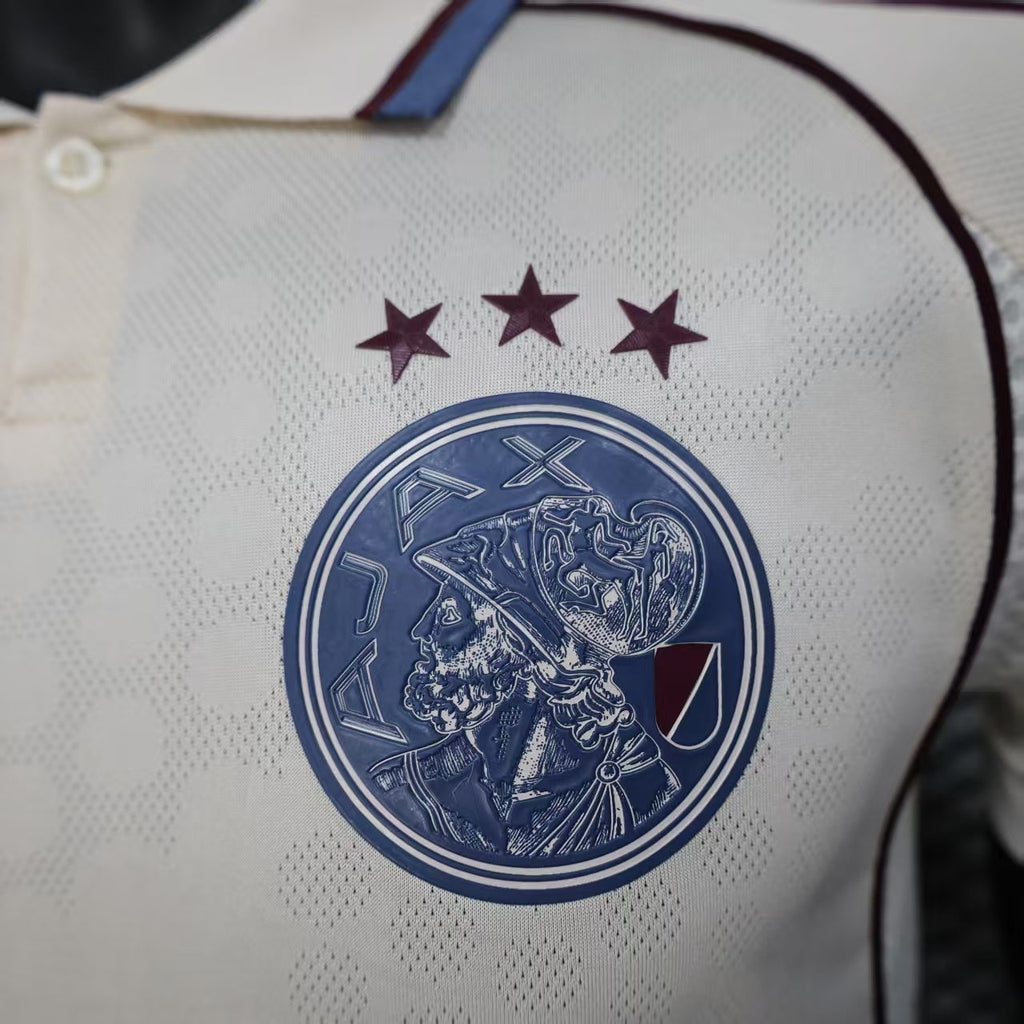 2025/26 Ajax Away Off-White Player Version Jersey - Ziggo - Navy Polo Collar - Four Stars
