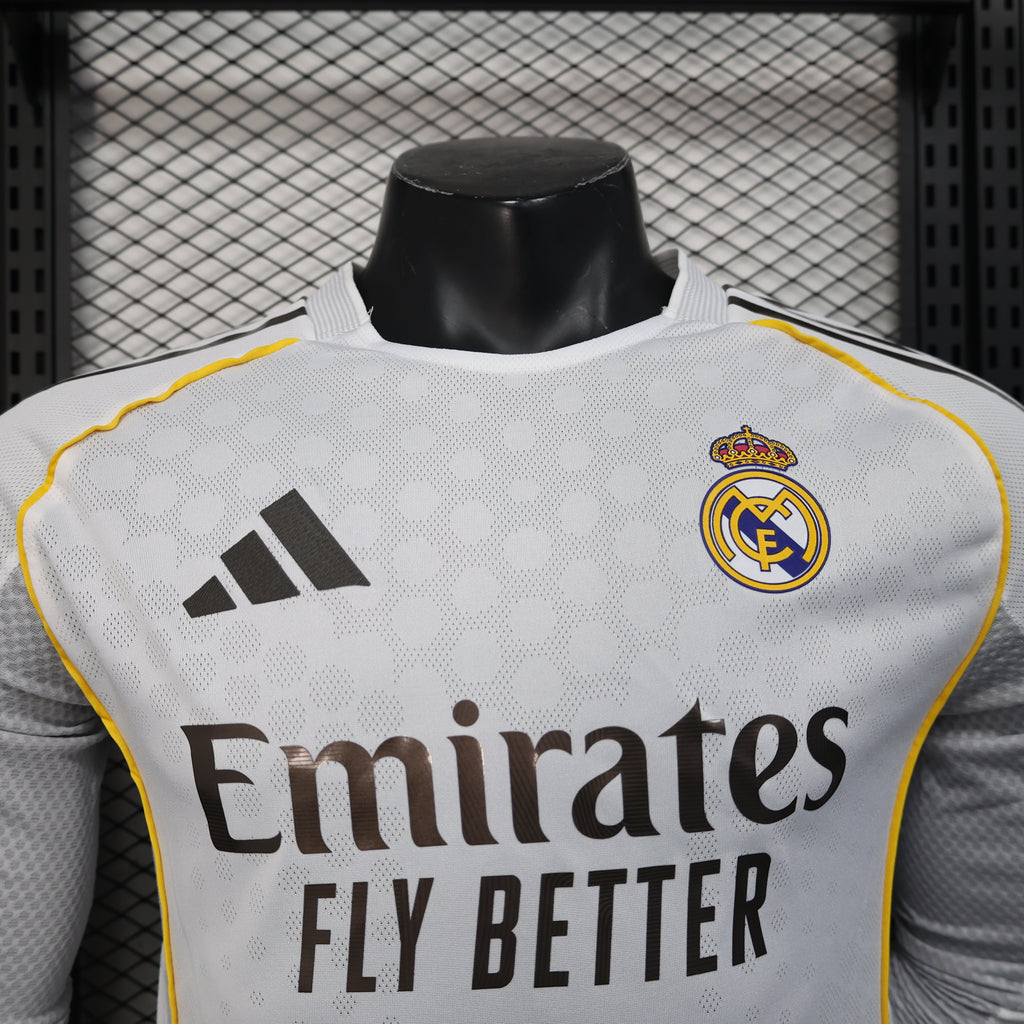 2025/26 Real Madrid Home Long Sleeve Player Version Jersey - White Grey Tonal Fine Texture - Gold Yellow Side Seam Piping - Emirates Fly Better