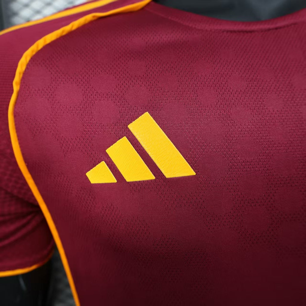 2025/26 AS Roma Home Player Version Jersey - Deep Maroon Body Gold Yellow Side Panel Stripe Seam Detail Gold Yellow Three Stripes - AS Roma Official Shield Crest Gold Yellow Purple She-Wolf Romulus Remus - Men's