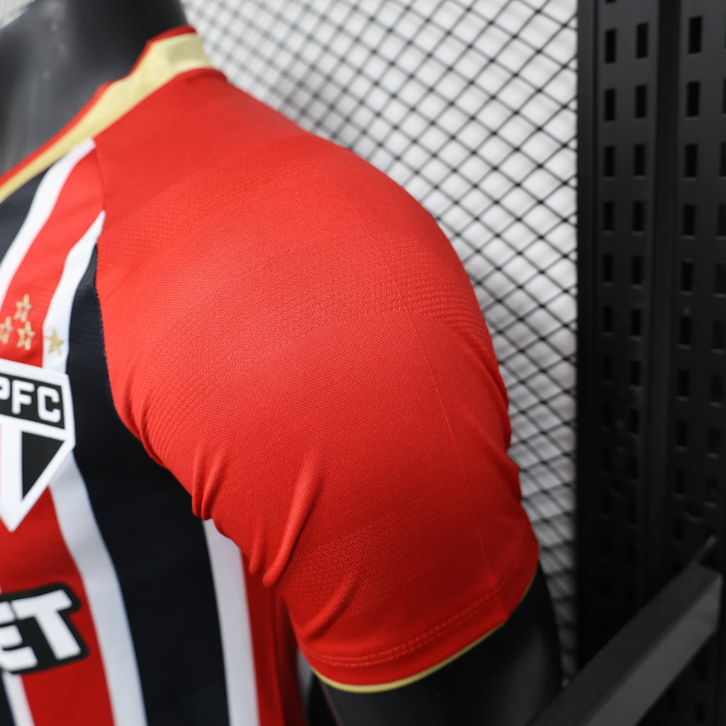 2025/26 São Paulo FC Away Player Version Jersey - New Balance - Red Black White Vertical Thin Stripe - Gold V-Neck Collar - SUPERBET White Sponsor