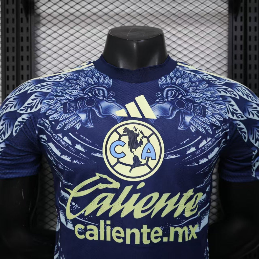 2025/26 Club América Away Player Version Jersey - Dark Navy Blue Body All-Over Aztec Eagle Deity Embossed Graphic -  Yellow-Green Three Stripes - Club América Crest - Caliente.mx Principal Sponsor