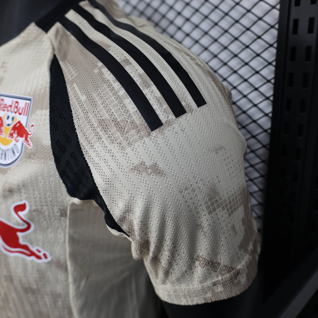 2025/26 New York Red Bulls Away Player Version Jersey - Adidas - Off-White Cream Desert Camouflage Pattern - Black Side Panels - Red Bull Double Bull Yellow Sun Crest