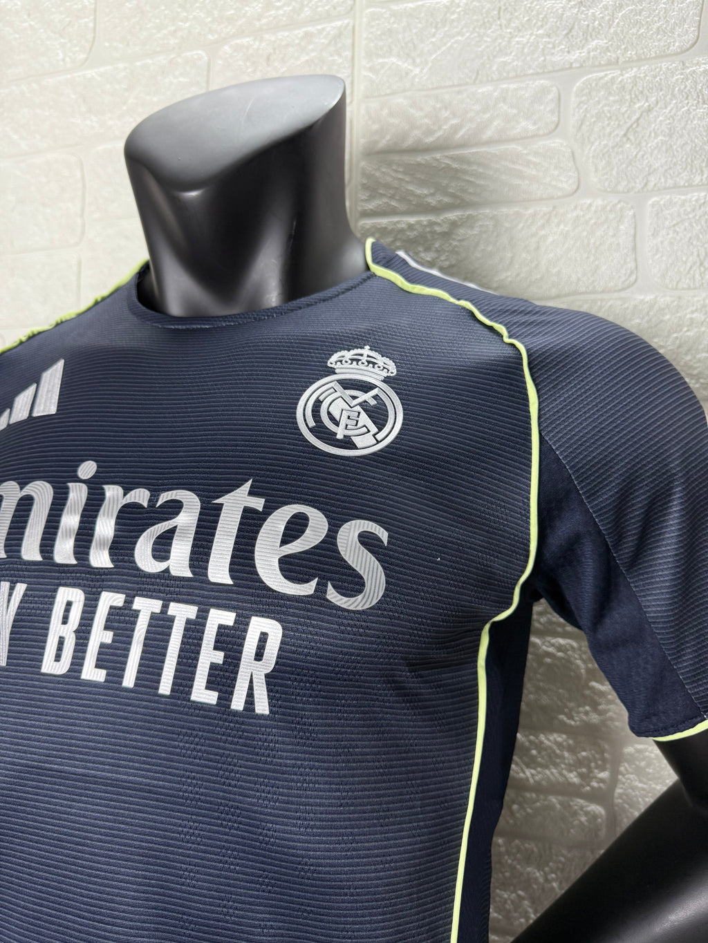 2025/26 Real Madrid Away Player Version Jersey -  Dark Navy Blue Tonal Horizontal Stripe - Neon Yellow Green Piping - Emirates Fly Better