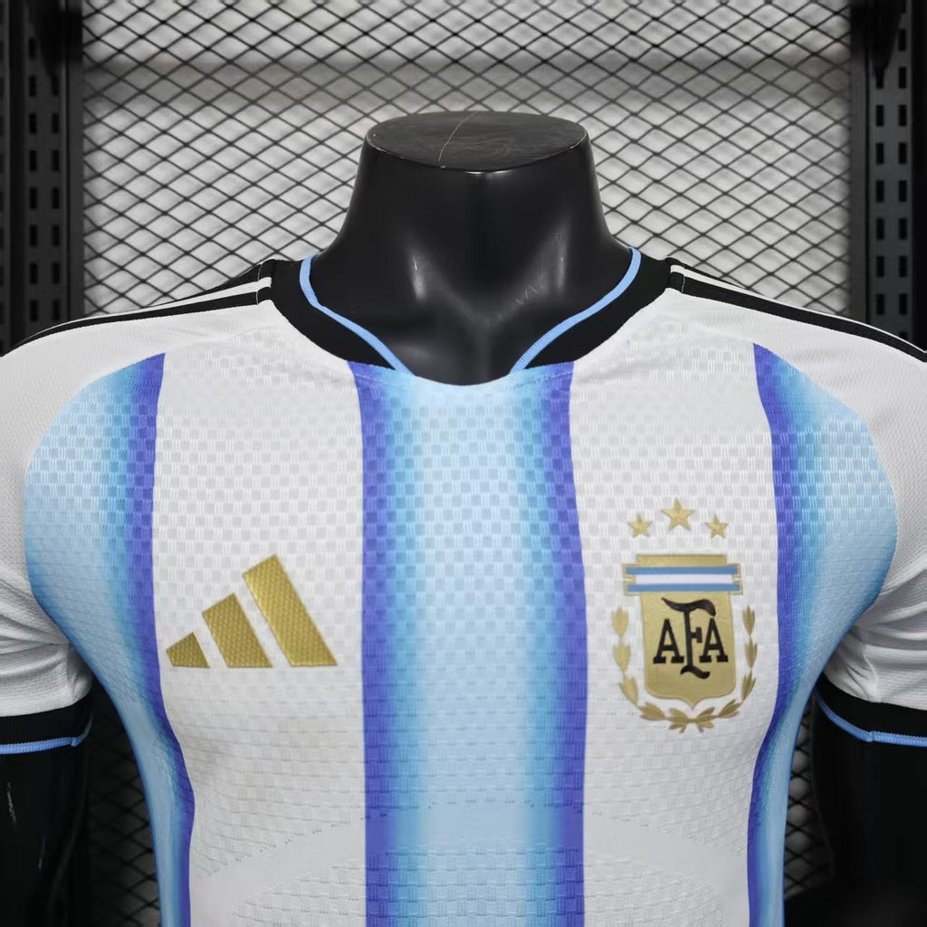 2025/26 Argentina Home Player Version Jersey - White Body Wide Sky Blue Vertical Stripes Diamond Mesh Texture Three Gold Stars Black Sleeve Cuff Trim - Gold Three Stripes - AFA Crest - Men's