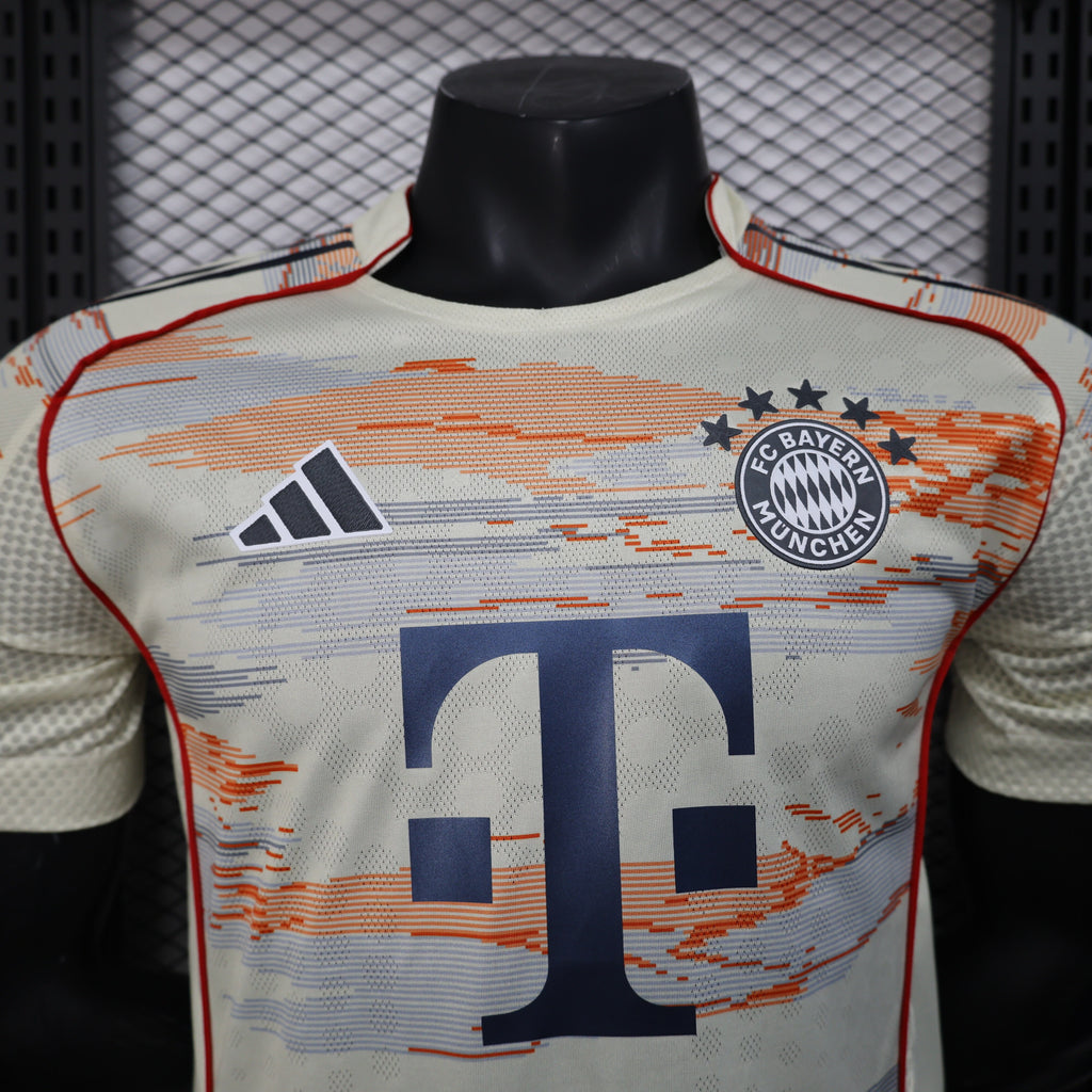 2025/26 Bayern Munich Away Player Version Jersey -  Body Orange Grey Horizontal Brush Stroke Graphic  - Red Side Seam Piping Red Sleeve Cuffs Black Shoulder Stripes - FC Bayern Crest - Deutsche Telekom T Logo