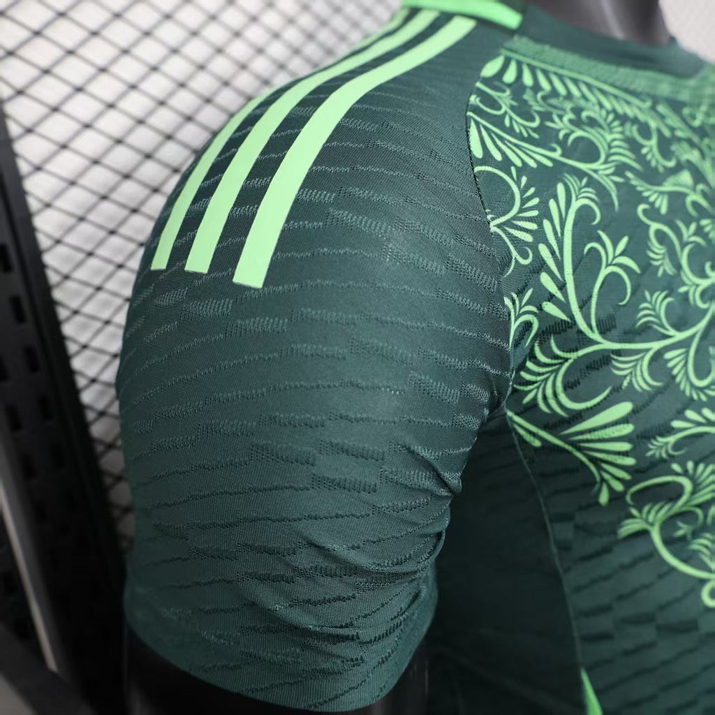 2025/26 Algeria Green Player Version Jersey - Dark Green Body All-Over Arabic-Inspired Floral Vine Embossed Texture - Adidas - Neon Green Side Seam Piping & Crew Neck Trim - Two Gold Stars - Algeria National Team Crest