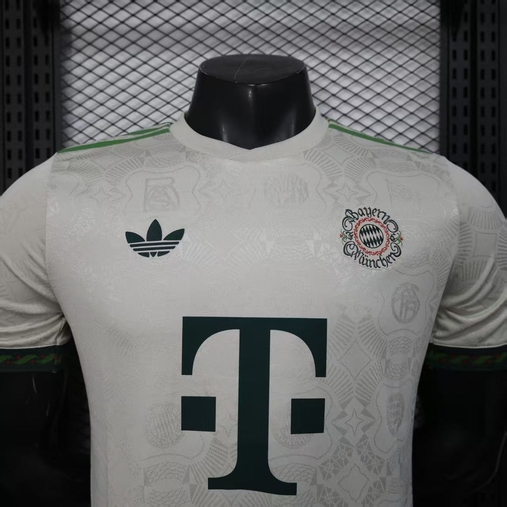 2025/26 Bayern Munich Beer Edition Player Version Jersey - Off-White Body - Dark Green Crew Neck Trim & Sleeve Cuffs - Bayern Munich Dark Green Special Crest - Deutsche Telekom T Dark Green Principal Sponsor