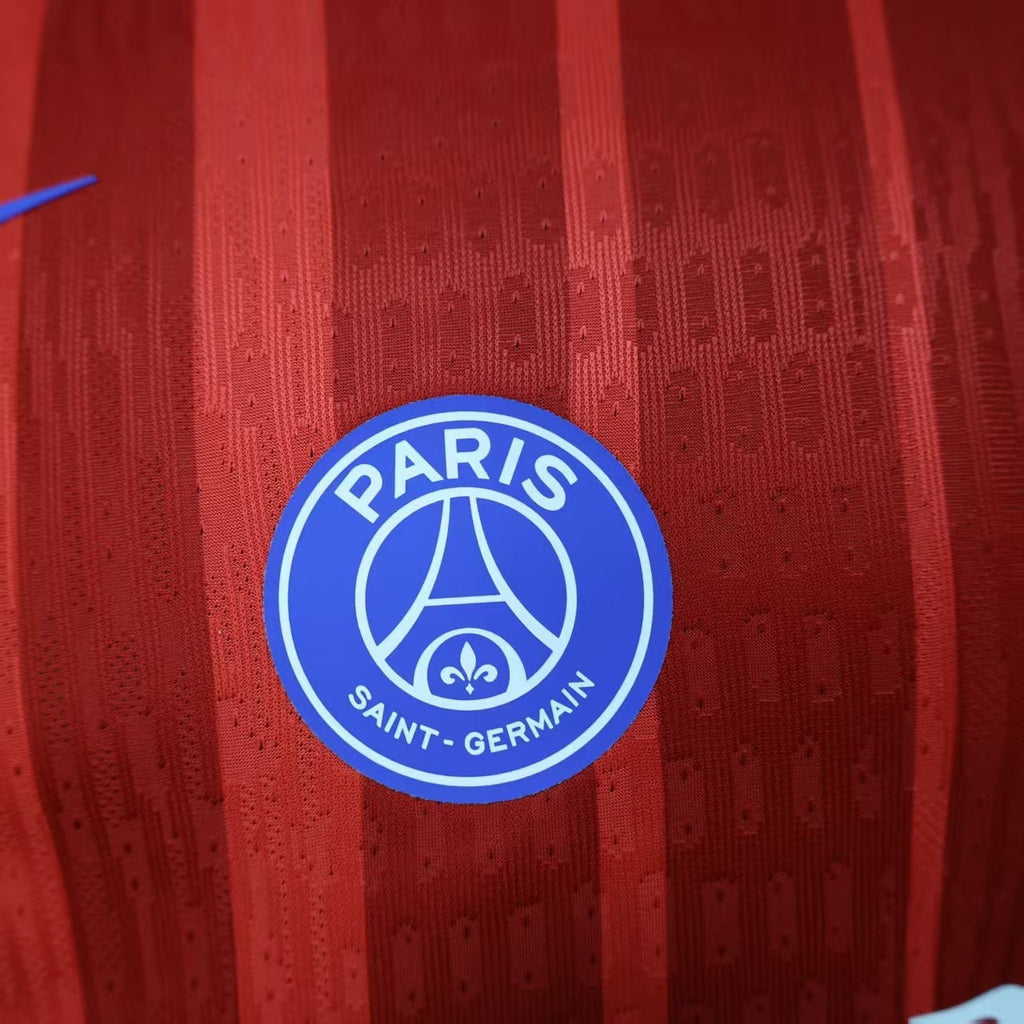 2025/26 PSG Third Away Player Version Jersey -  Red Blue - Qatar Airways - Tonal Vertical Stripe - Blue Collar Piping
