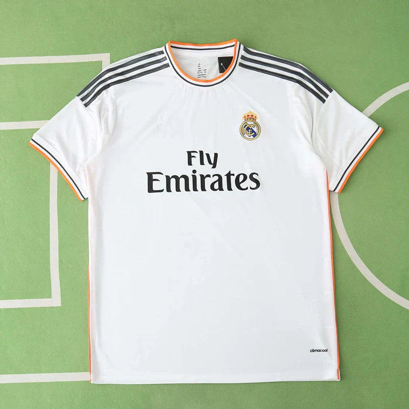 Real Madrid CF Home Retro Fan Version Jersey 2013/14 – White Football Shirt with Orange & Black Trim