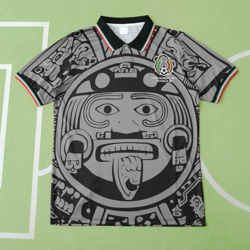 Mexico Away Retro Fan Version Jersey 1998 – Black Grey Aztec Sun Stone France World Cup Football Shirt