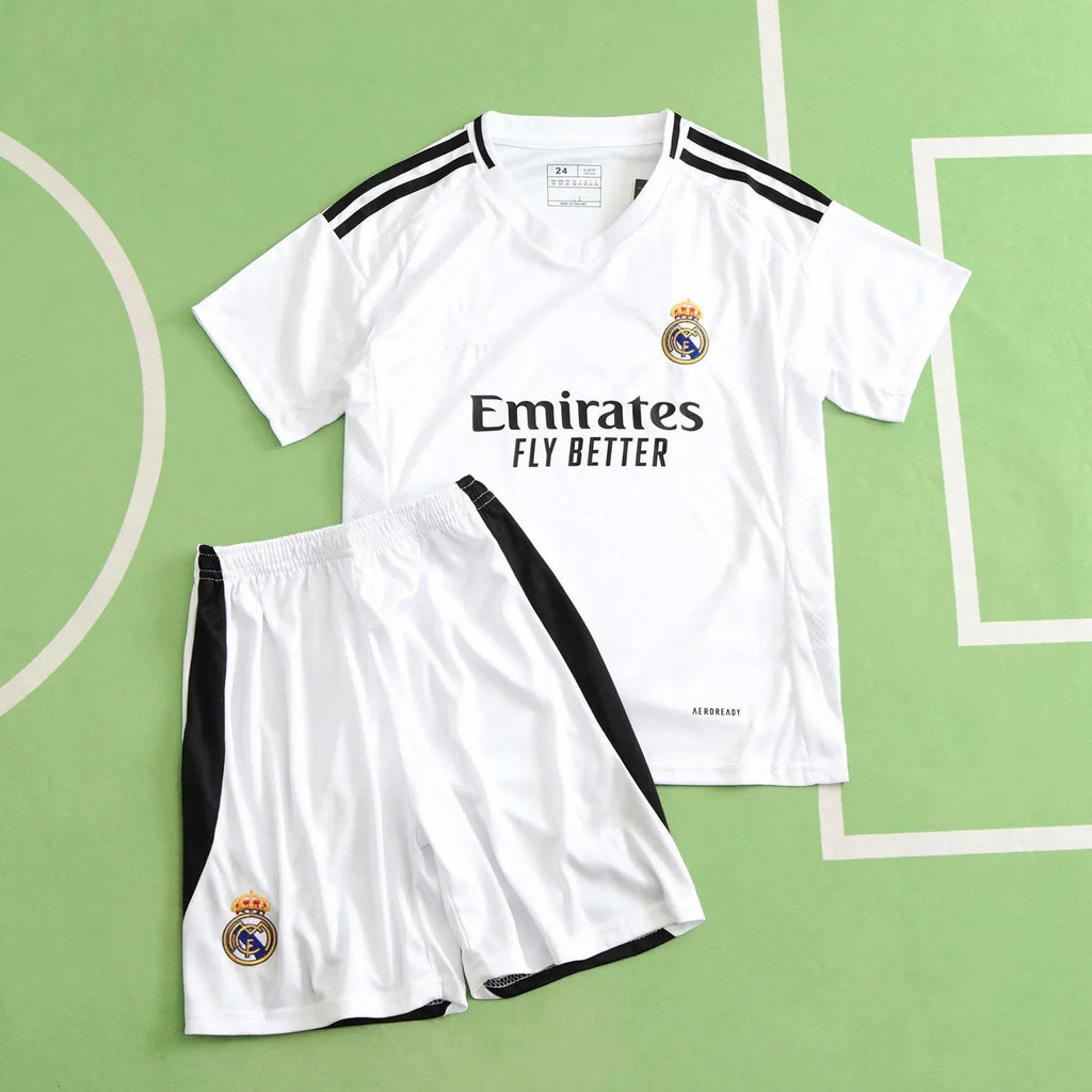 Real Madrid CF Home Kids Kit 2024/25 – White Football Jersey & Shorts Set for Children