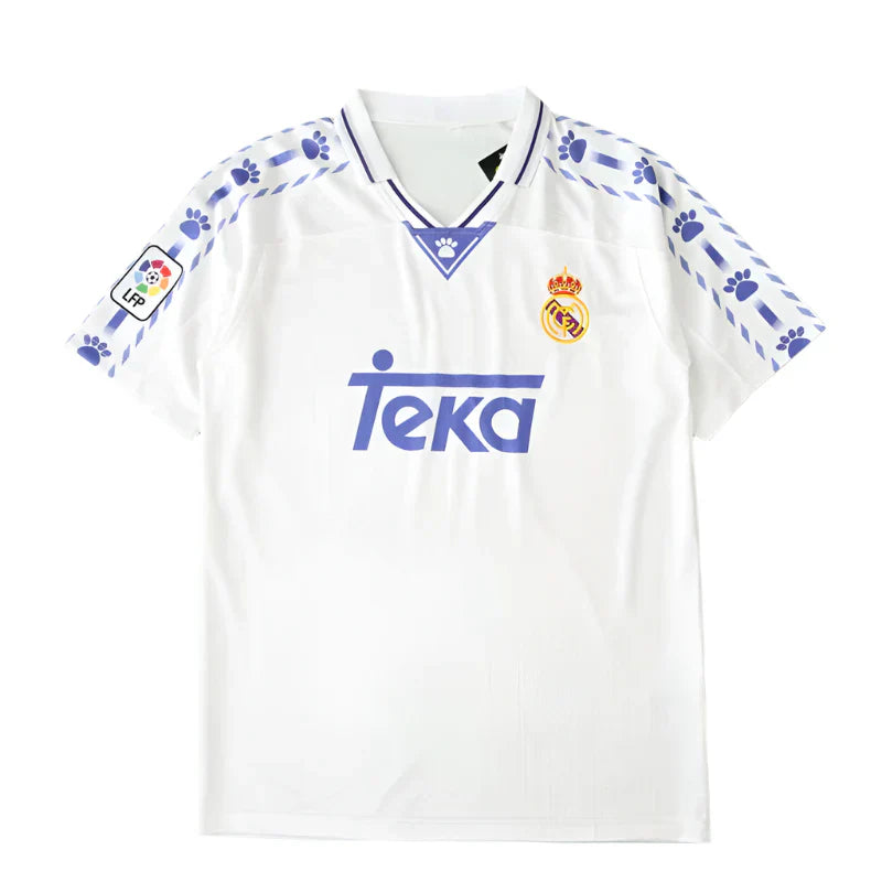 Real Madrid CF Home Retro Fan Version Jersey 1996/97 – White Football Shirt with Kelme Diamond Sleeve & Teka Sponsor