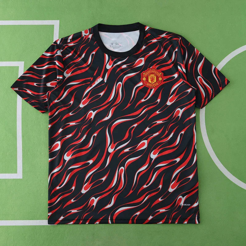Manchester United Training Shirt Fan Version 2025/26 – Black Red Flame Print Pre-Match Top
