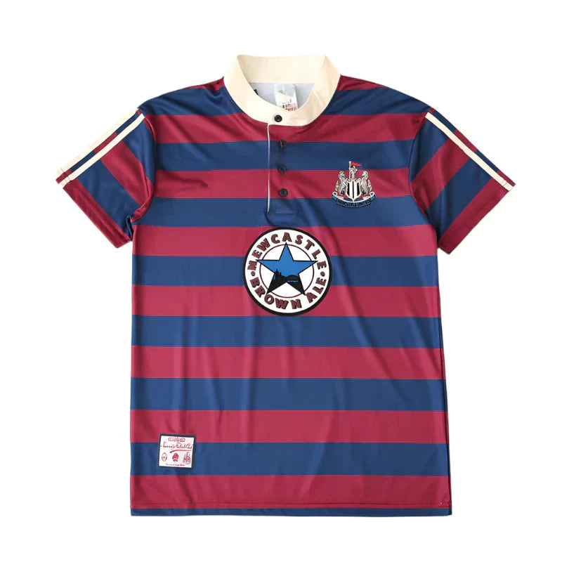 Newcastle United 1995-97 Away Retro Jersey – Blue & Red Stripe Brown Ale Fan Version