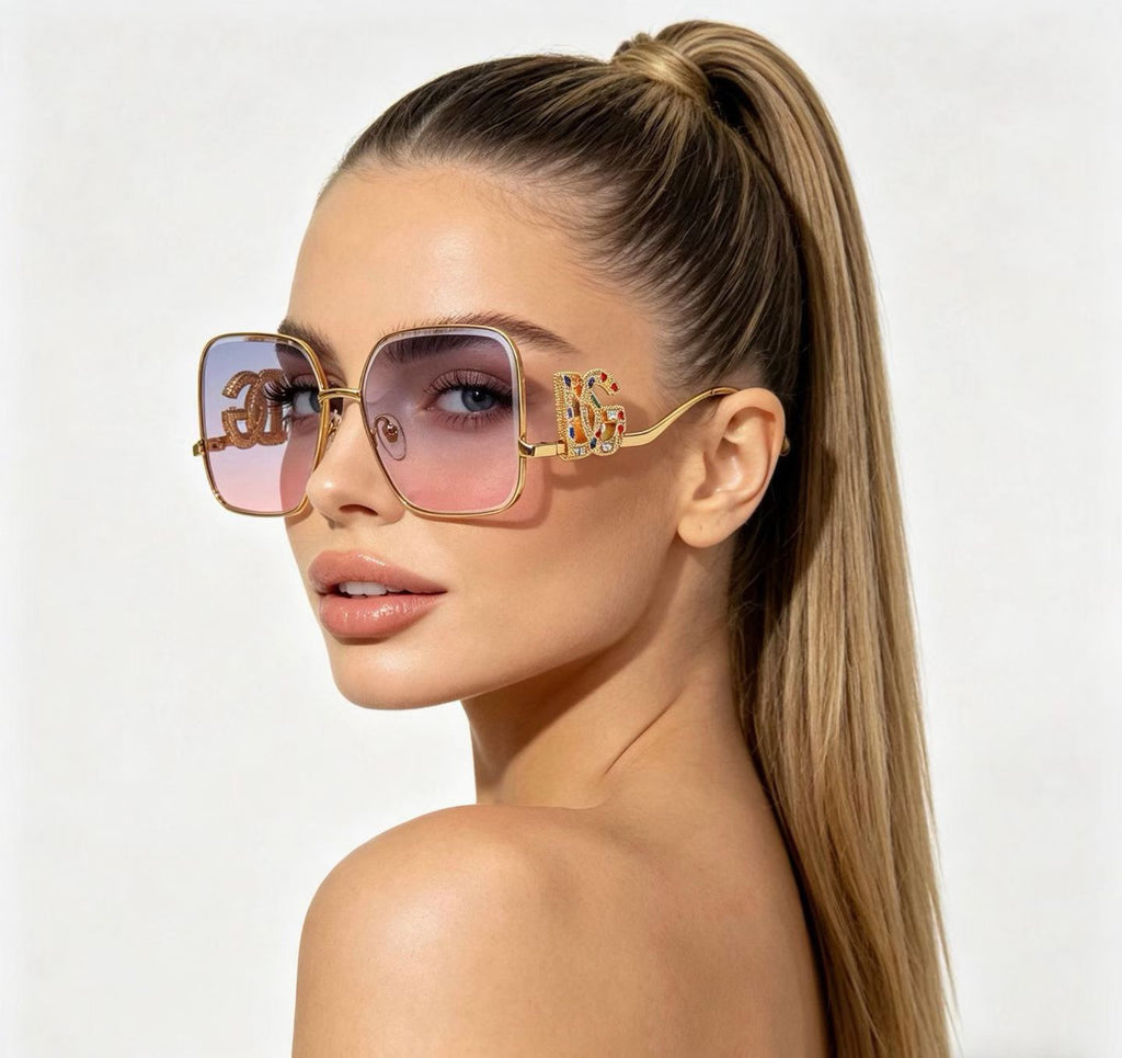 Dolce & Gabbana DG Sunglasses – Oversized Square Frame with Crystal DG Logo | Gold, Silver & Black