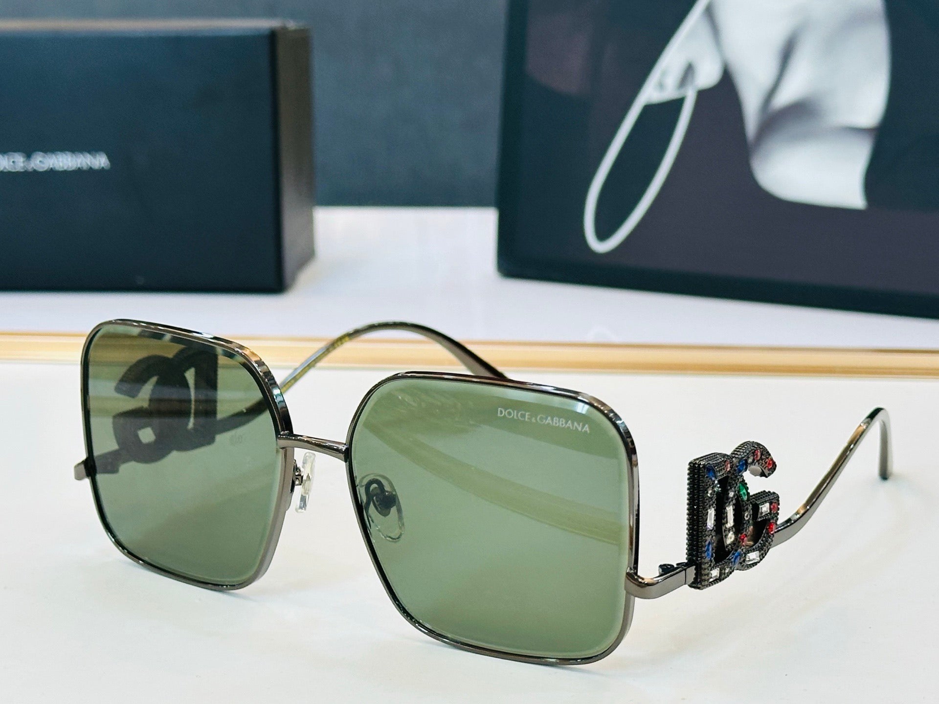Dolce & Gabbana DG Sunglasses – Oversized Square Frame with Crystal DG Logo | Gold, Silver & Black