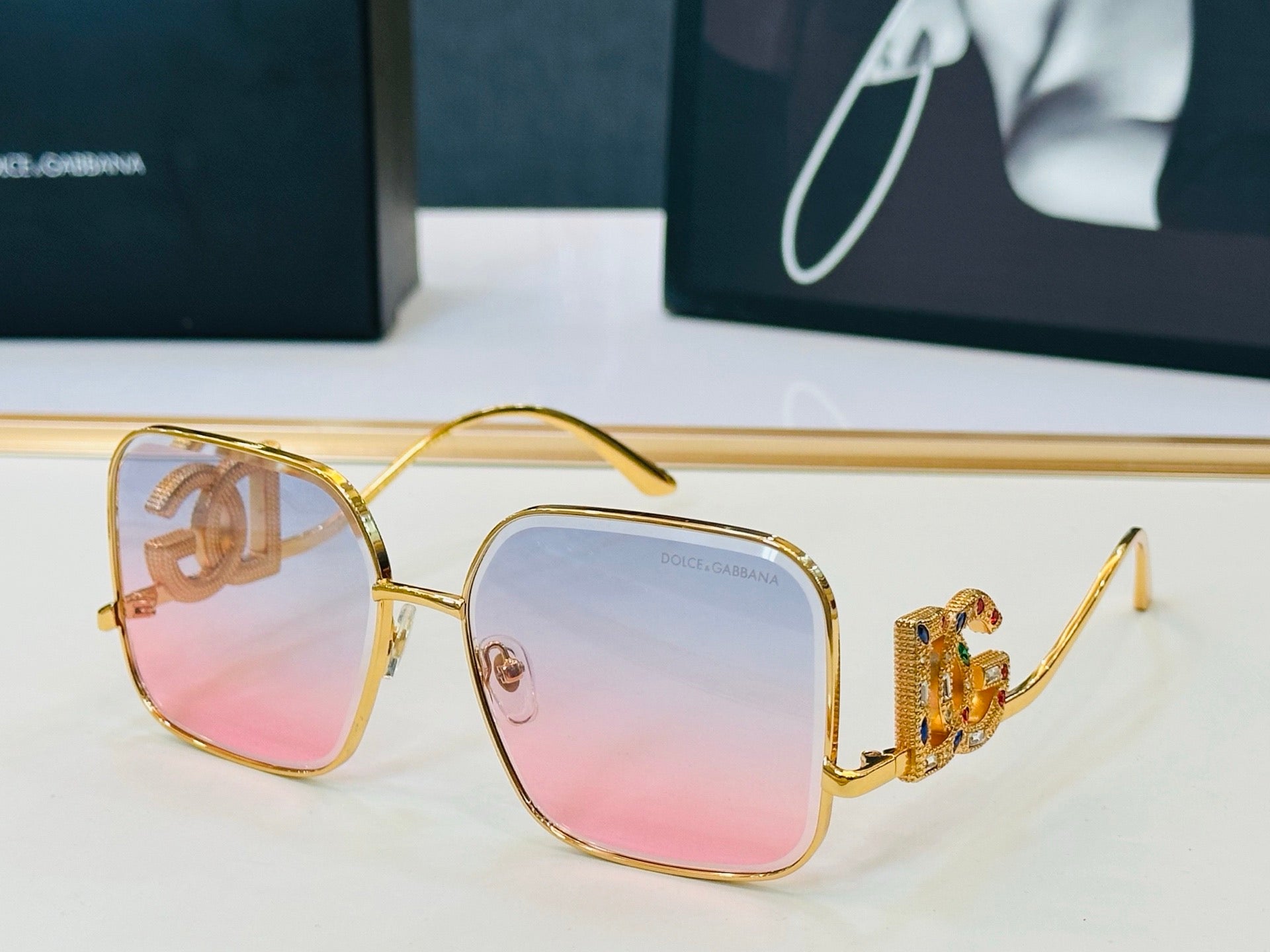 Dolce & Gabbana DG Sunglasses – Oversized Square Frame with Crystal DG Logo | Gold, Silver & Black