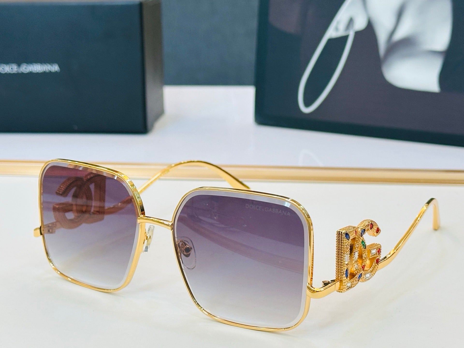 Dolce & Gabbana DG Sunglasses – Oversized Square Frame with Crystal DG Logo | Gold, Silver & Black