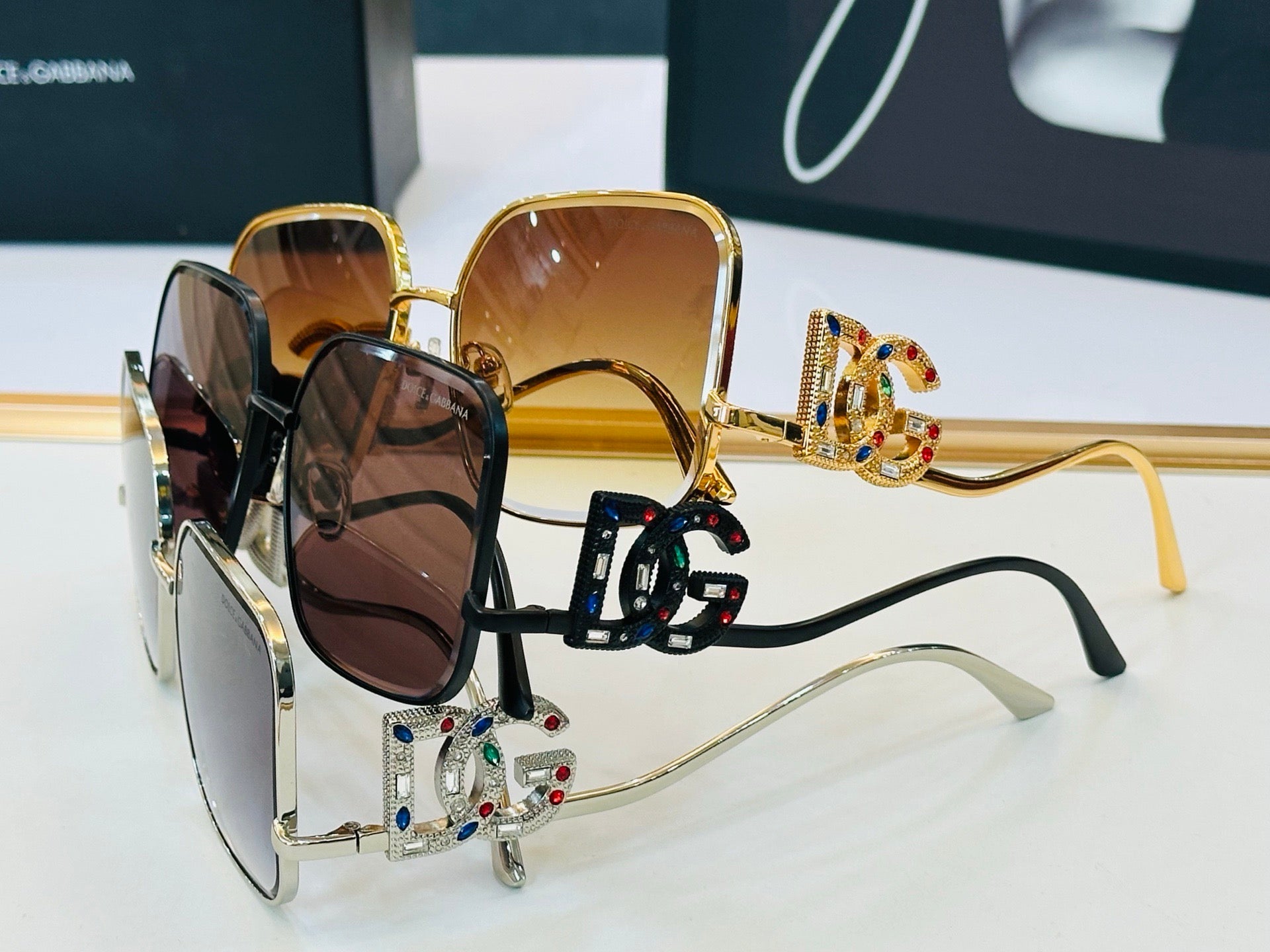 Dolce & Gabbana DG Sunglasses – Oversized Square Frame with Crystal DG Logo | Gold, Silver & Black