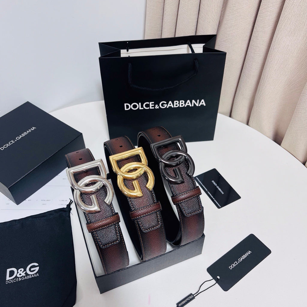 Dolce & Gabbana DG Logo Leather Belt – Gold / Silver / Black Buckle