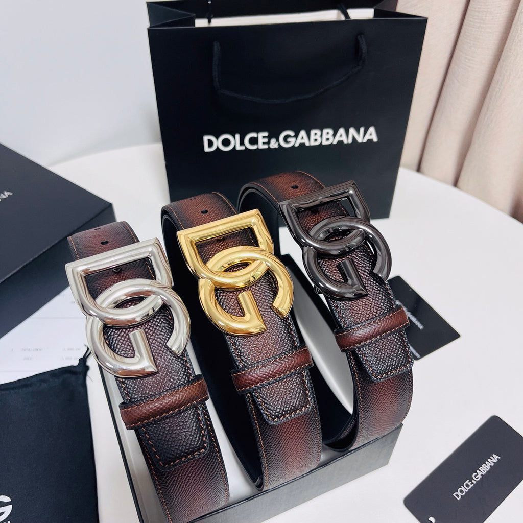 Dolce & Gabbana DG Logo Leather Belt – Gold / Silver / Black Buckle