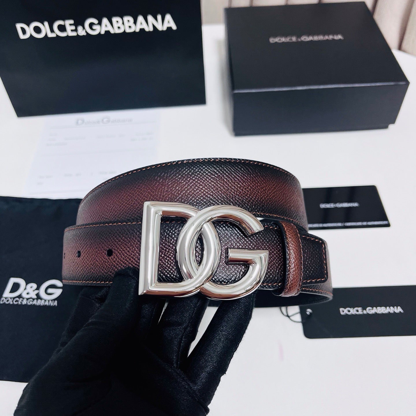 Dolce & Gabbana DG Logo Leather Belt – Gold / Silver / Black Buckle