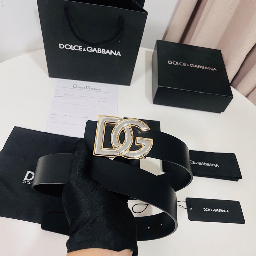 Dolce & Gabbana DG Logo Leather Belt – Gold / Silver / Black Buckle