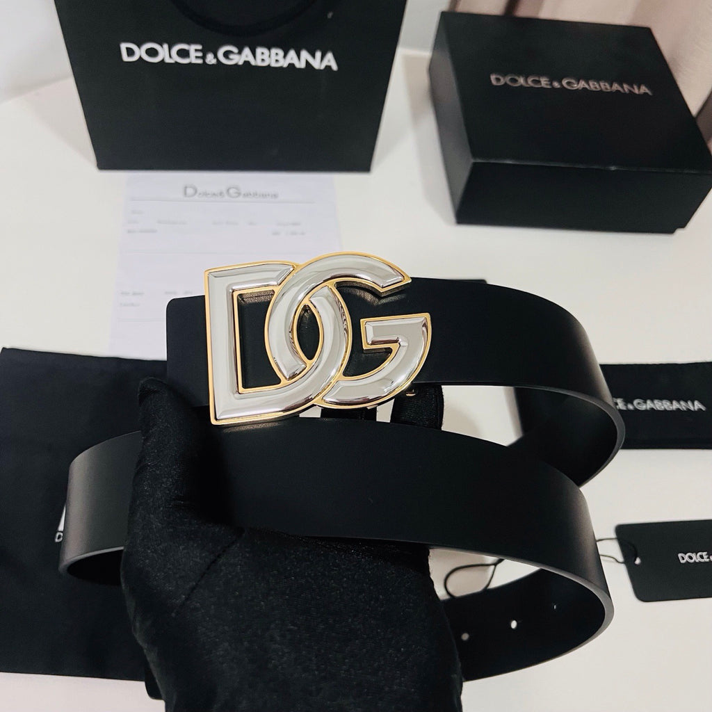 Dolce & Gabbana DG Logo Leather Belt – Gold / Silver / Black Buckle