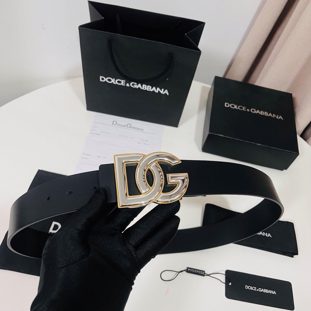 Dolce & Gabbana DG Logo Leather Belt – Gold / Silver / Black Buckle