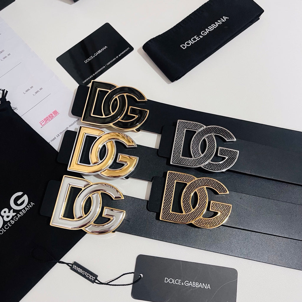 Dolce & Gabbana DG Logo Leather Belt – Gold / Silver / Black Buckle