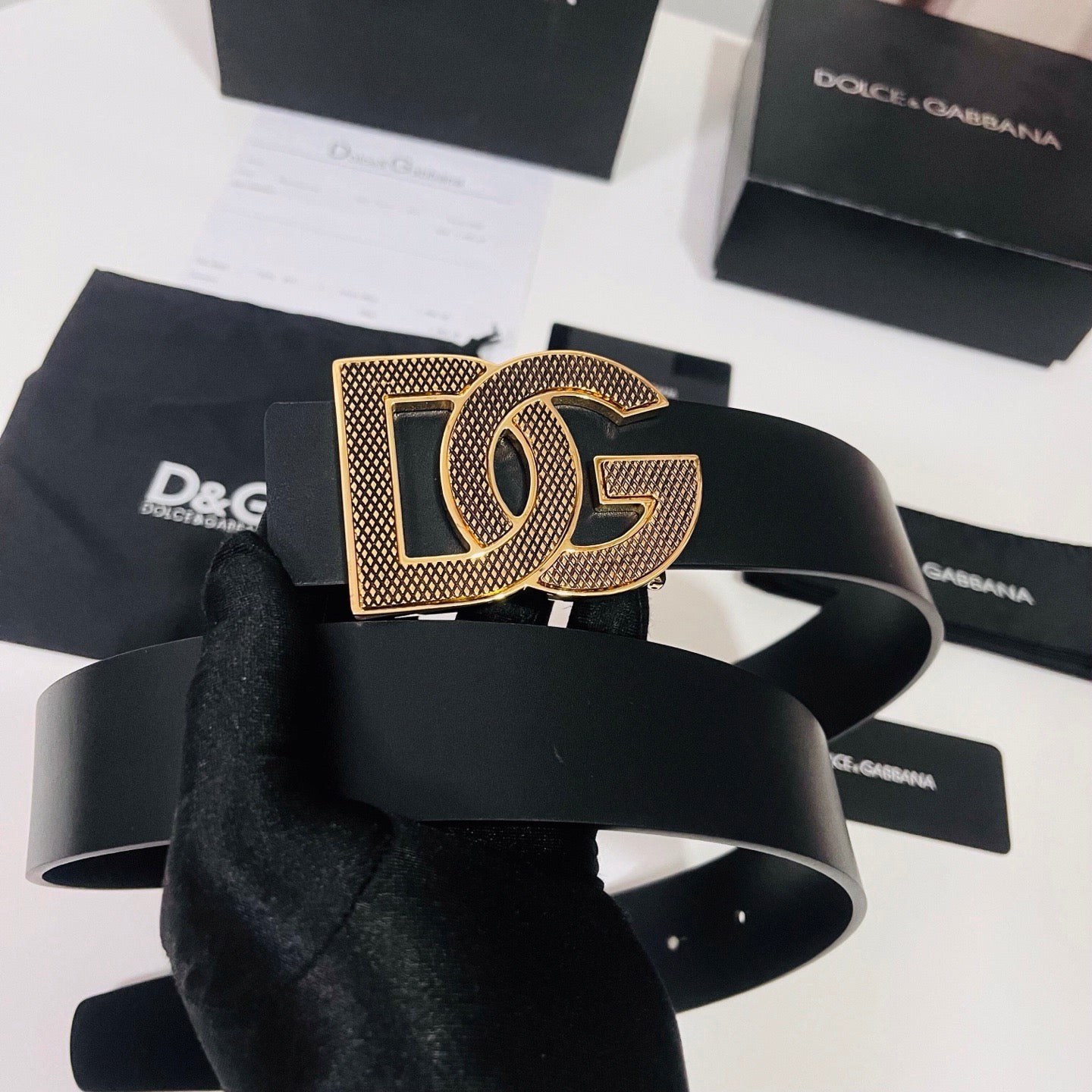 Dolce & Gabbana DG Logo Leather Belt – Gold / Silver / Black Buckle