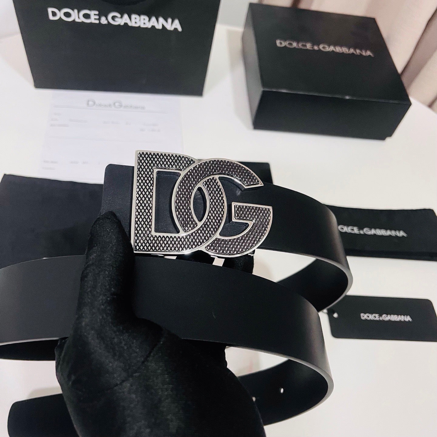 Dolce & Gabbana DG Logo Leather Belt – Gold / Silver / Black Buckle