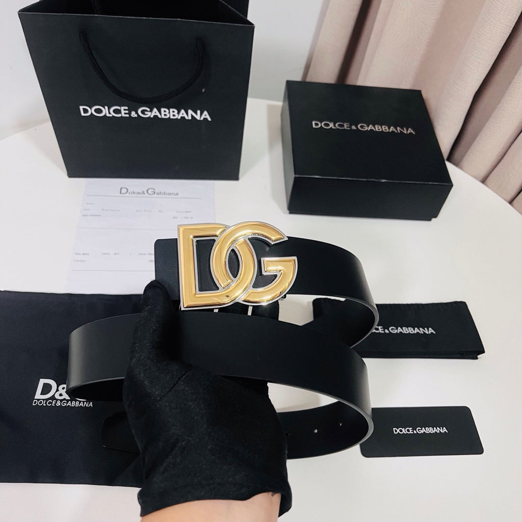 Dolce & Gabbana DG Logo Leather Belt – Gold / Silver / Black Buckle