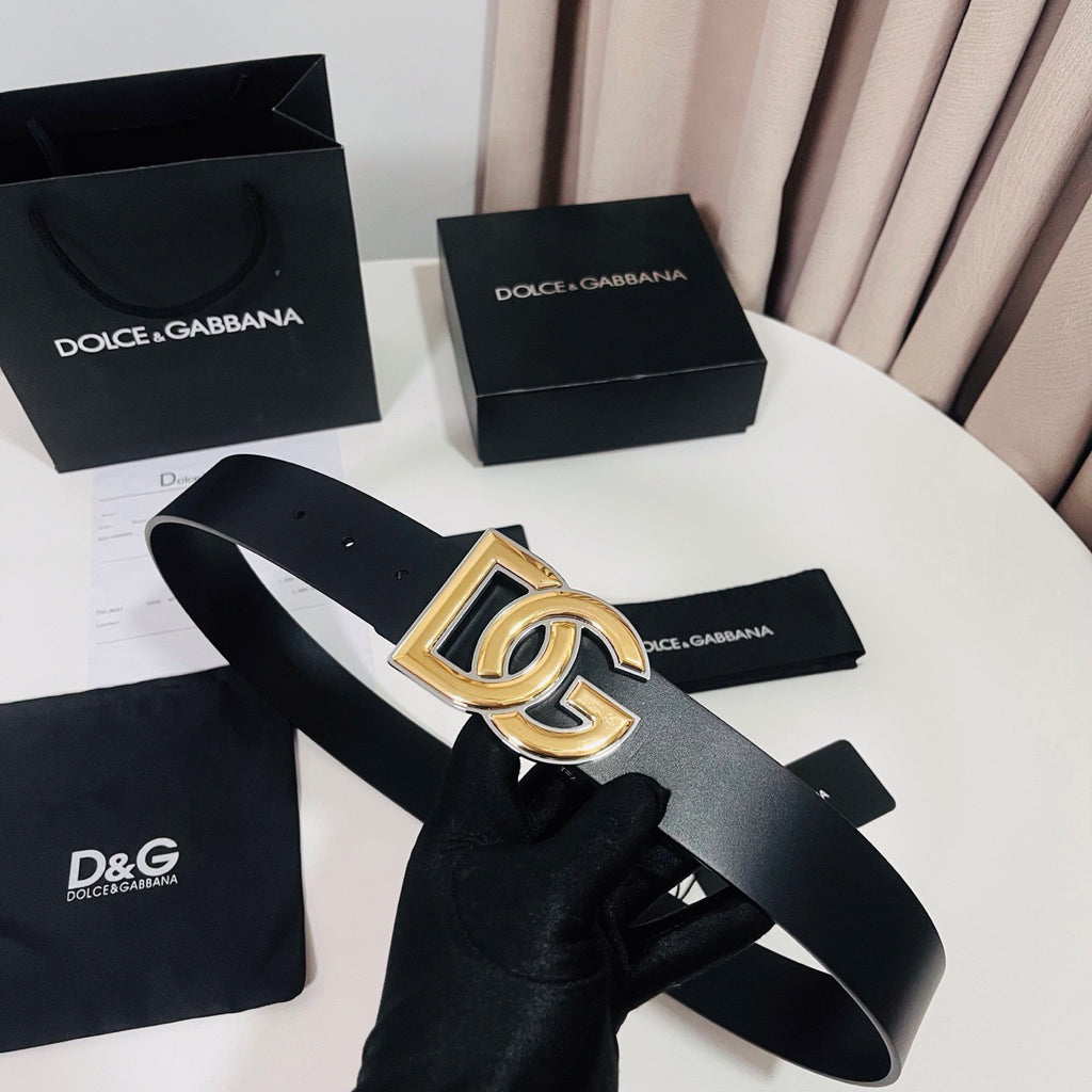 Dolce & Gabbana DG Logo Leather Belt – Gold / Silver / Black Buckle
