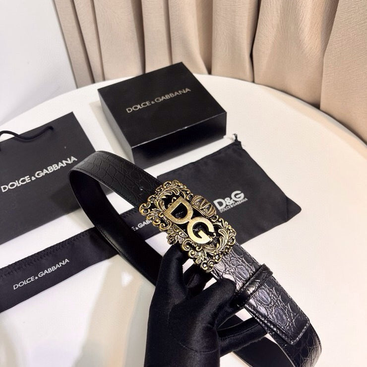 Dolce & Gabbana DG Logo Leather Belt – Gold / Silver / Black Buckle